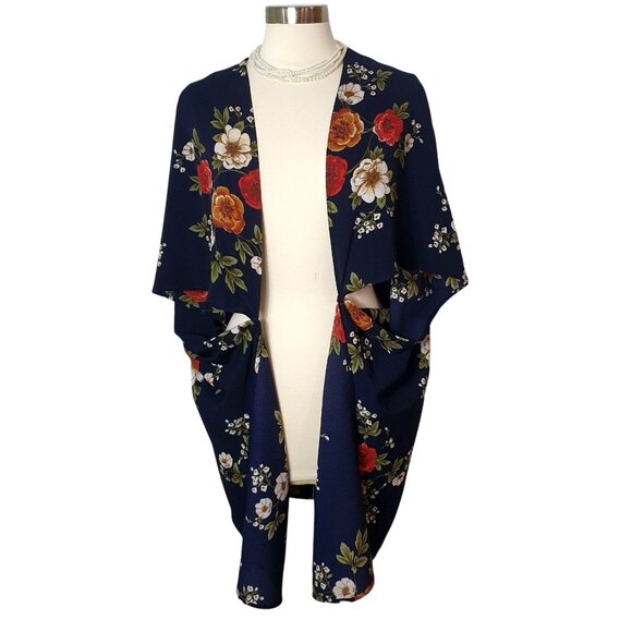 Amaryllis Open-Front Kimono S/M Cardigan Floral Navy Lightweight Casual Layering - Picture 1 of 6